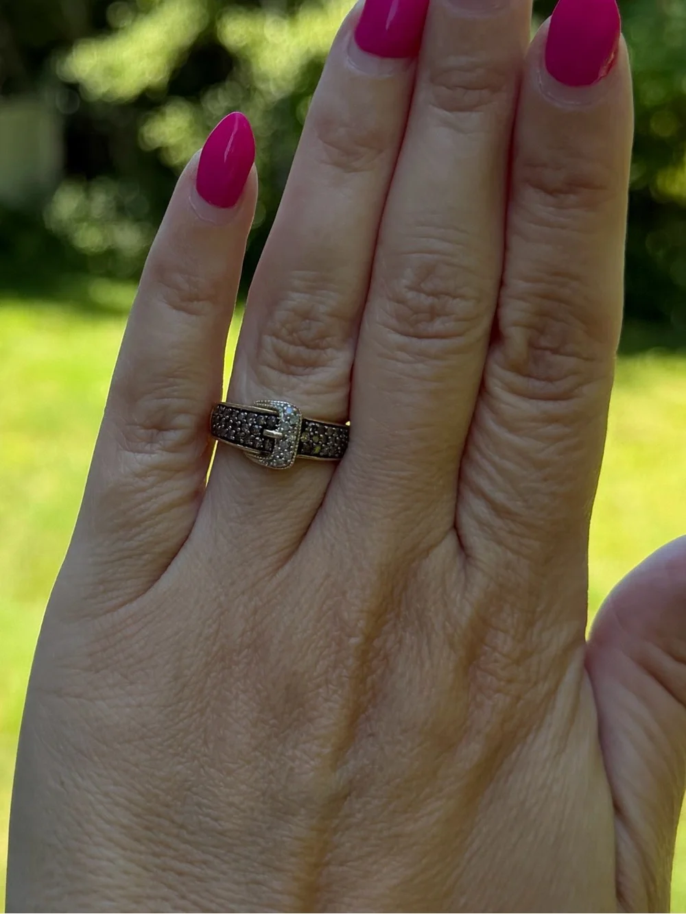 10K Gold Natural Champagne & White Diamond Buckle Ring